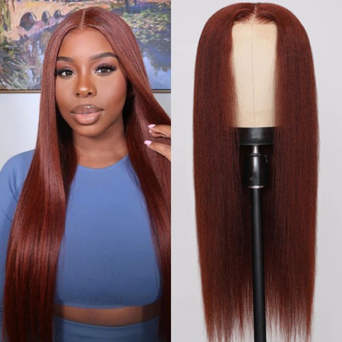 UNice Bye Bye Knots Glueless Wig Reddish Brown Yaki Straight Lace Human Hair Wig - Picture 12 of 14