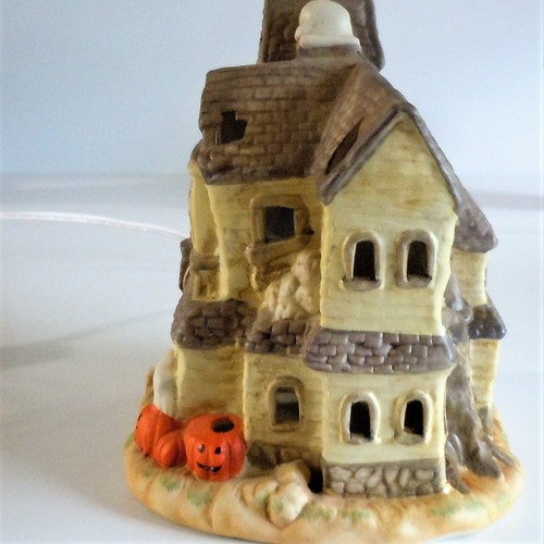 Halloween beleuchtetes Spukhaus handbemalt Porzellan Jack-O-Laterne Katze - Bild 5 von 12