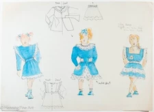 Beautiful Vintage Children'sFashion Design of Blue Dresses w/ Lace Watercolor