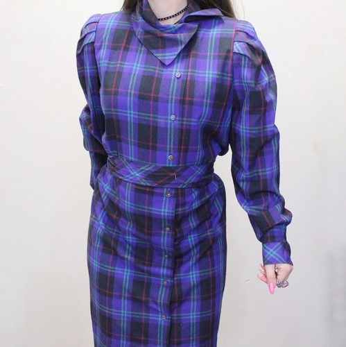 Vintage 80s Purple Plaid Secretary Dress by Nicole Miller 100% Silk Dress - Picture 6 of 7
