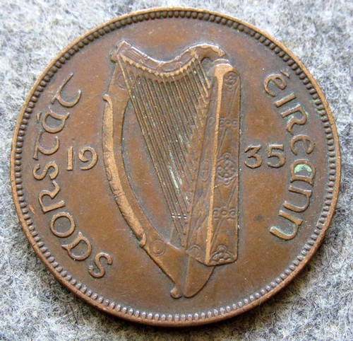 IRELAND FREE STATE 1935 1 PINGIN - ONE PENNY HEN WITH CHICKS & Gaelic Harp km# 3 - Picture 6 of 6