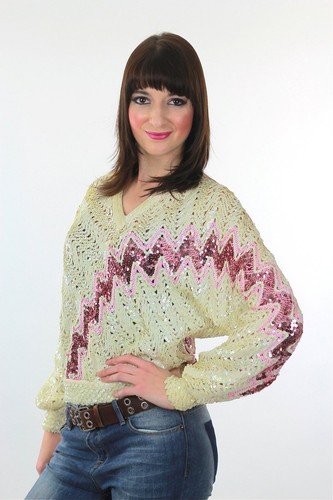 Vintage VTG 80s Sequin Sweater Abstract metallic Pink Glitter Glam Pullover - Picture 3 of 5