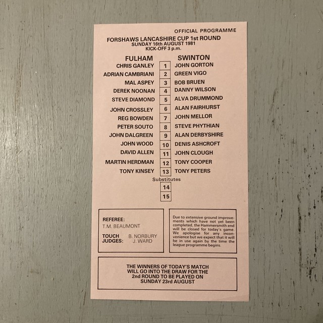 1981 FULHAM V SWINTON LANCASHIRE CUP 1ST ROUND RUGBY LEAGUE RL TEAMSHEET VGC BA10679 1981 FULHAM V SWINTON LANCASHIRE CUP 1ST ROUND RUGBY LEAGUE RL TEAMSHEET VGC BA10679
