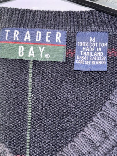 Vtg 90s Trader Bay Pullover Sweater Medium Black Red V-Neck Cable Knit - Picture 2 of 11