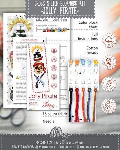 Caribbean Jolly Pirate Bookmark Cross Stitch Kit with Pirate sword Frigate ship - Picture 2 of 9