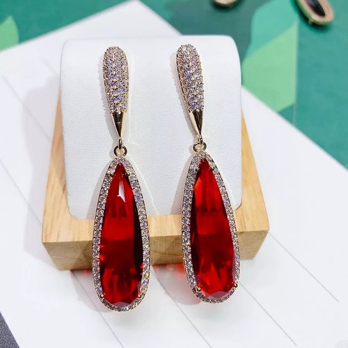 18k Gold Plated Red Garnet Long Drop Halo Earrings made w Swarovski Crystal - Picture 6 of 22