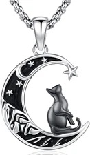 Sterling Silver Black Cat Necklace Crescent Moon Mountain Pendant Gifts Women
