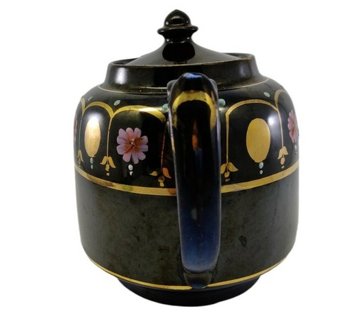Vintage Made in England Teapot Black with Gold Trim Pink Flowers READ!! - Picture 7 of 12