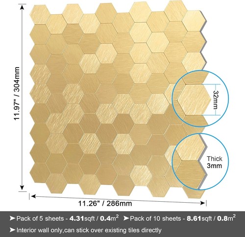 Stylish 3D Gold Aluminum Hexagon Tile Stickers - Kitchen Backsplash 10 Pack - Picture 8 of 9