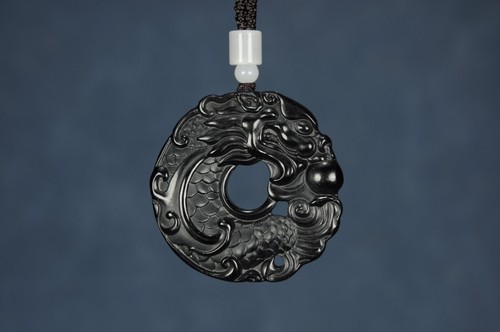 CERTIFIED 48.4g 100% NATURAL XIN JIANG BLACK JADE HAND CARVED DRAGON PENDANT - Picture 2 of 21