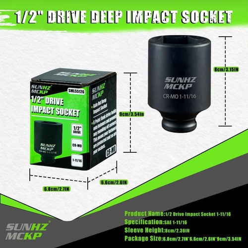 SUNHZMCKP 1/2" Drive Impact Socket, SAE 1-11/16 In Deep 6 inch, Sae  - Picture 2 of 3