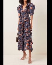 Ulla Johnson Aurora Floral Print Ruffle Midi Dress in Moonlight Size 0
