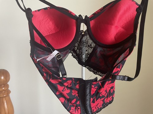 Daisy Fuentes Push Up Bra 34b Red Black Lace Underwire Sheer Lining Lingerie - Picture 3 of 6