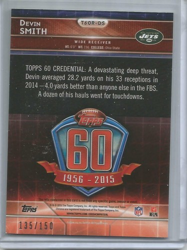 2015 Topps Chrome 60 #T60R-DS, Devin Smith Jersey Karte #135/150 - Bild 2 von 2