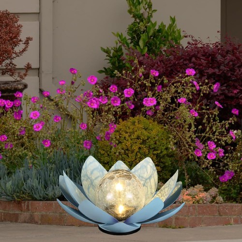 12 inches Solar Lights Outdoor Garden, Crackle Globe Glass Lotus Decoration, ...