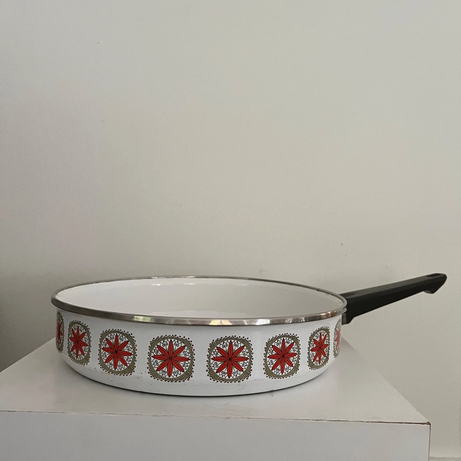 Vintage White Enamel Sauce Pan Red Flower Medallion Pattern Stainless Steel Rim