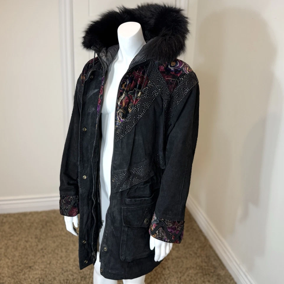 PARKA DE GAMUZA VINTAGE AÑOS 80 con CAPUCHA RIBETE DE PIEL DE ZORRO M Terciopelo Boho Abrigo Chaqueta Retazos Foto 3 de 4