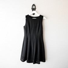 Ann Taylor Sz 4 Black Sleeveless Fit & Flare Dress Side Zip Lined Laser Cut Hem