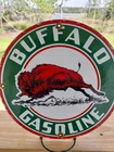 Vintage Porcelain Buffalo Gasoline Round Metal Gas & Oil Sign, Approx.11.75"