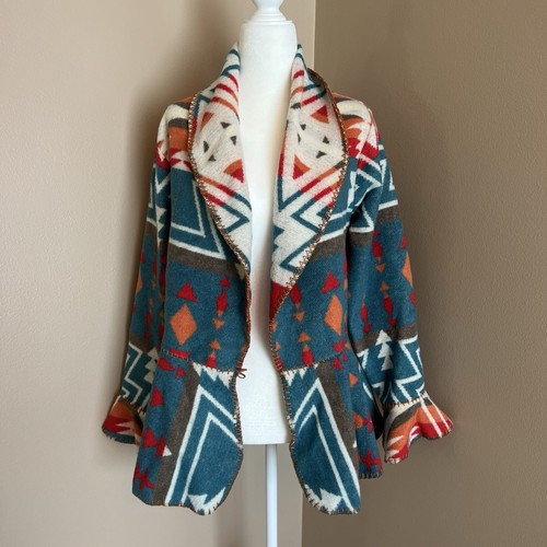 Rhonda Stark Western Indian Blanket Jacket Womens L Southwestern Concho Flounce