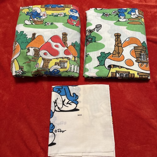 Vintage Lawtex Smurf Double Sheet Set Flat Fitted Sheet Pillowcase Bedding 1462 - Picture 8 of 9