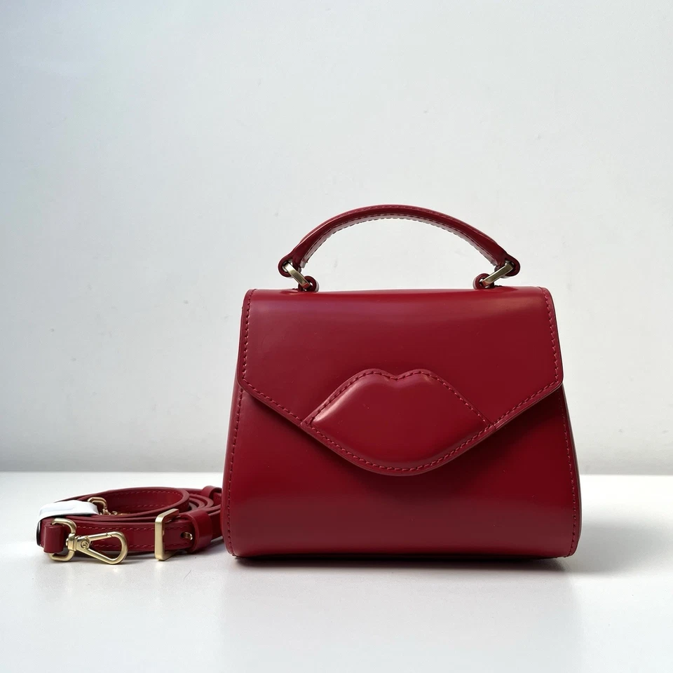 LULU GUINNESS Izzy Mini Lip Grab Bag Crossbody Shoulder Strap Red Patent Leather - Image 2 of 4