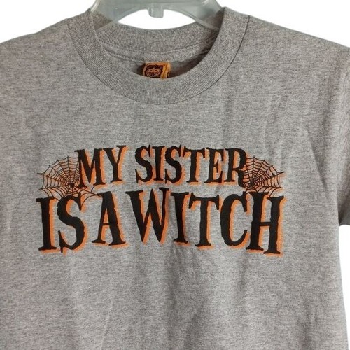 Unisex Kids Size XS My Sister Is A Witch Halloween Shirt Graphic Spider Webs NEW - Picture 2 of 6