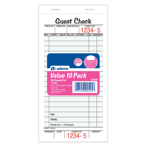 Adams 1-Part Guest Check Books, 3 2/5" x 6 3/4", 10 Pads Of 50 Sheets Each - Picture 2 of 2