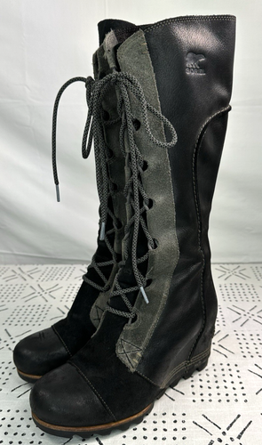 Sorel Women's Cate The Great Wedge Heel Knee High Lace Up Boots Sz 7 Black Gray
