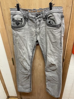 Rock Revival Mens Jeans 34x31 Leo Relaxed Straight Gray Factory Distressed y2k