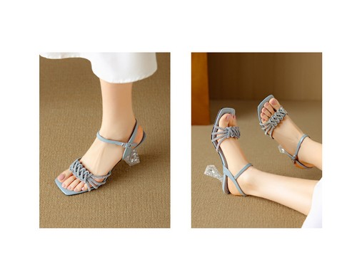 Sandalias sexy de verano con estrás de 9 cm de cristal de tacón grueso con punta abierta para mujer - Imagen 18 de 23