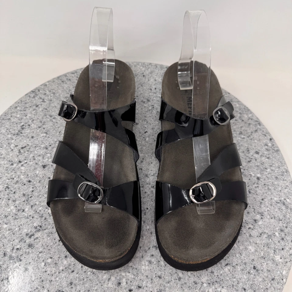 Sandalias de canal Mephisto para mujer 9 charol negro con tiras ajustables Foto 2 de 4