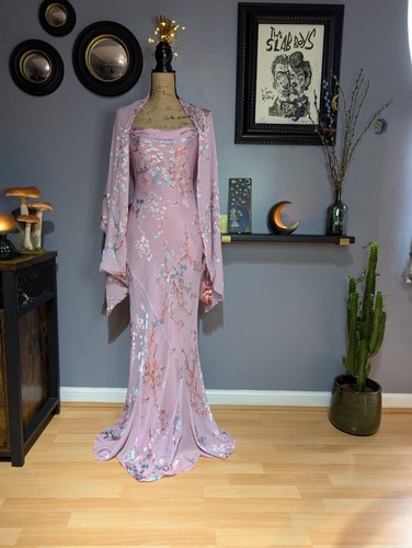 90s Y2K Monsoon Long Bias Cut Pink & Blue Cherry Blossom Dress UK 8 (US 4) - Picture 2 of 19