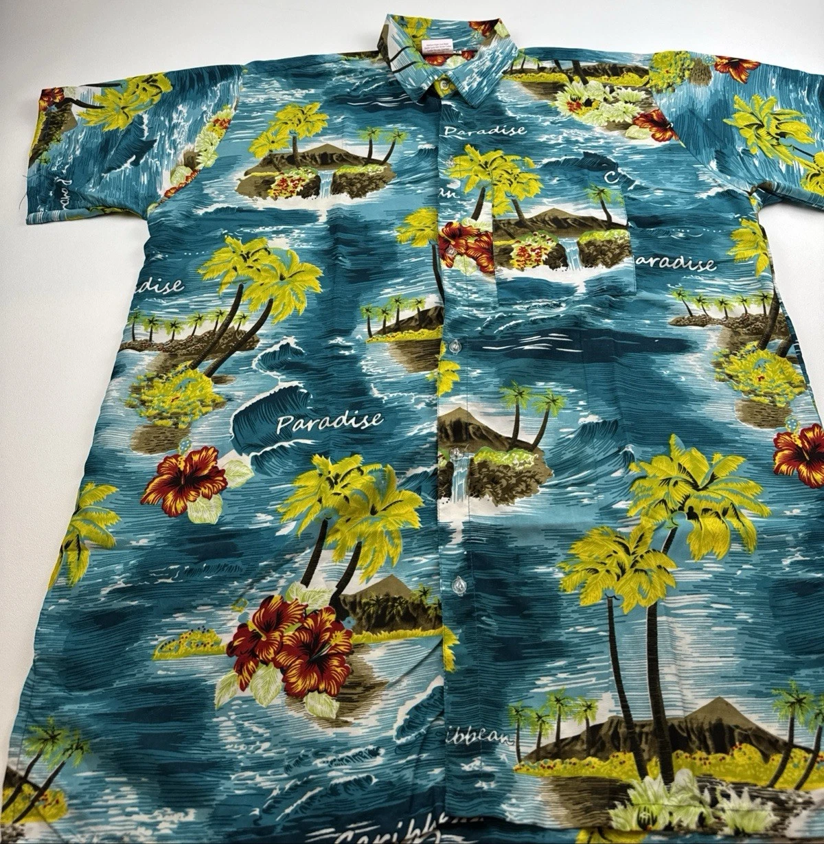 Happy Bay Mens Hawaiian Islands Short Sleeve Button Up Shirt Size XL *Flaw*