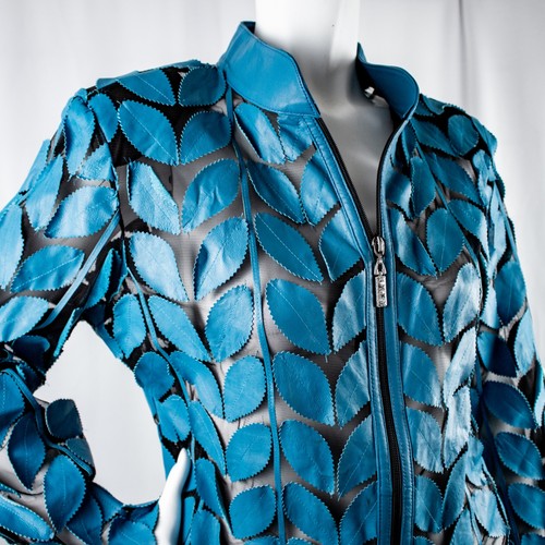 IMAGE LEATHER New Turquoise Blue Leather Leafs Sheer Women Shirt Jacket Size XL - Picture 8 of 12