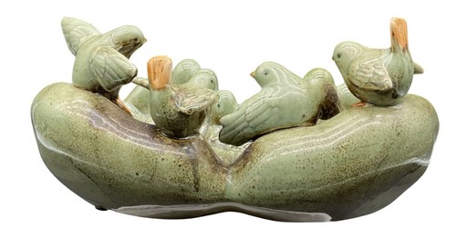 Portagioie scultura mangiatoia uccelli ceramica artistica vintage con uccellini sulle mani - Foto 3 di 6