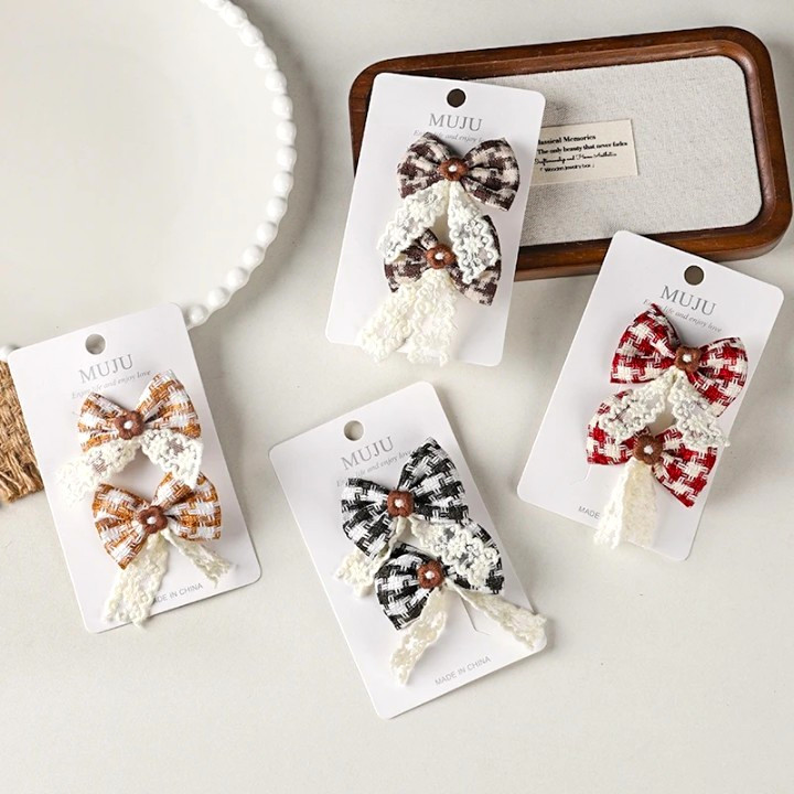 MUJU Girls Handmade Plaid Bow Lace Hair Clip 1Set 8pc 5cm Multicolor D298