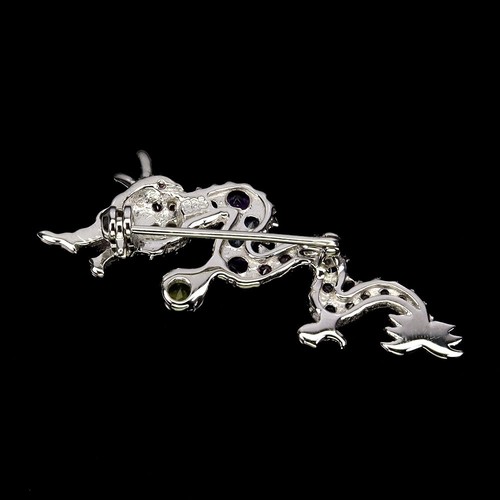 925 Sterling Silver Brooch Round Peridot Tanzanite Gemstone Dragon Jewelry - Picture 3 of 14