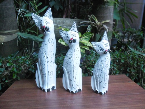 Bali Hand Crafted Wooden Cat Statues set of  (white tones) - Picture 1 of 9