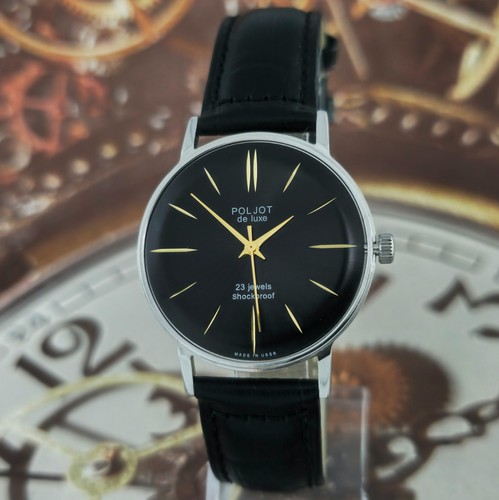 Poljot De Luxe ULTRA SLIM Soviet Wristwatch 2209 Black Dial Vintage Watch USSR - Picture 17 of 24