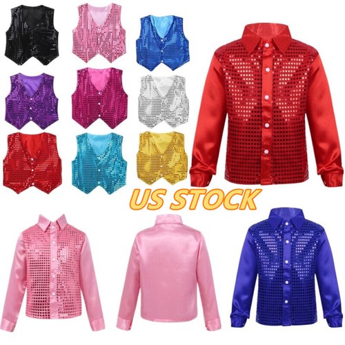 Kid Boys Shiny Vest Shirt Dance Costume Hip-hop Performance Jacket Outerwear - Picture 2 of 154