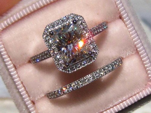 Halo Bridal Set Engagement Ring 2.5ct Simulated Diamond White Gold Plated - Picture 6 of 8