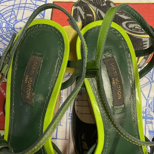 Louis Vuitton Summertime Cork Wedge Sandals Green Patent Leather Size 38 - Picture 7 of 12