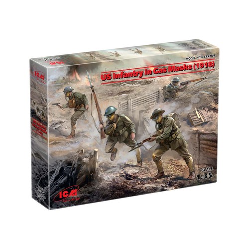 US Infantry in Gas Masks (1918) (4 figures) 50 mm ICM 35704 1/35 scale model  - Picture 1 of 9