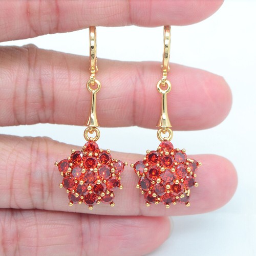 18K Yellow Gold Filled Women Red Mystic Topaz Flower Wedding Earrings Jewelry - Picture 3 of 4