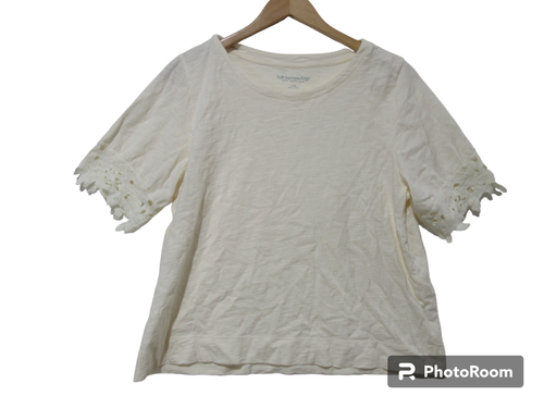 Sz L Soft Surroundings LACE SHORT SLEEVE Ivory T Shirt Top Boho Minimalist