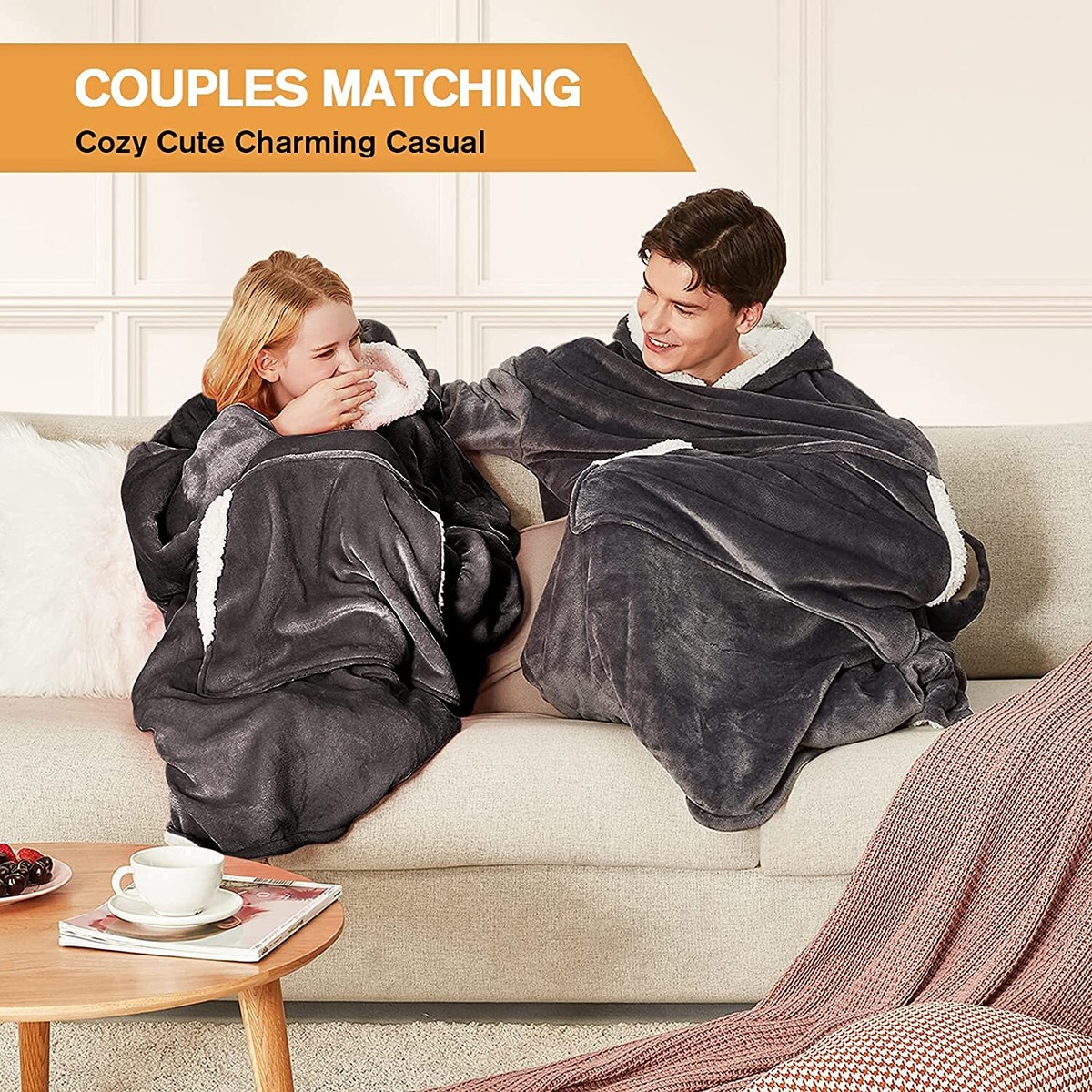 Long Warm Sherpa Wearable Blanket Hoodie w Flexible Sleeves