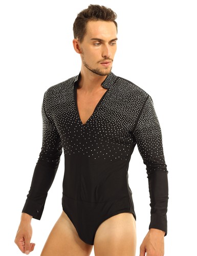 Men Shiny Rhinestone Stand Collar Long Sleeve Latin Dance Leotard Shirt Bodysuit - Picture 4 of 30
