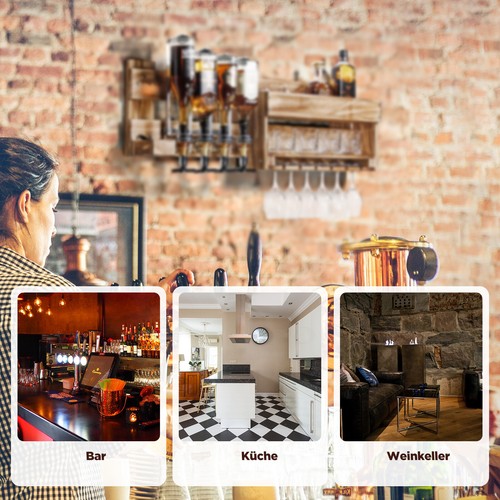 Weinregal Palette beflammt Holz Wandbar mit 4 Getränkespender Wand Flaschenhal - Bild 7 von 8