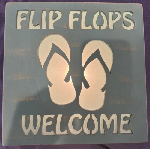 Beach House Green Accent Sign w/ Light "Flip Flops Welcome" Lighted Sign Lamp